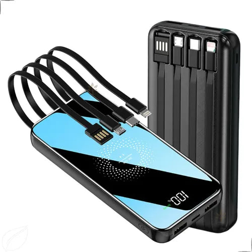 Carregador Portátil Power Bank Turbo 20000mah sem fio Universal com 4 cabos saída USB Tipo C/Micro USB. Visor de Carga e Lanterna (Preto)