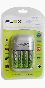 Carregador Flex com 4 pilhas AA 2900 mAh Recarregáveis Bivolt e Led FX-C03/4P