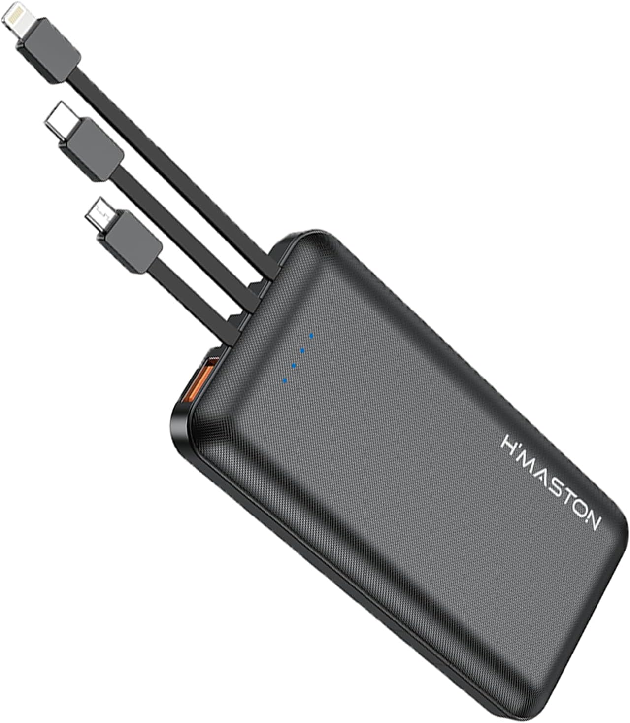 H'MASTON Power Bank Carregador Portatil 10000mAh Bateria Portatil 2.1A com Cabo Led Indicador Compatível com iPhone Samsung H-966 (PRETO)